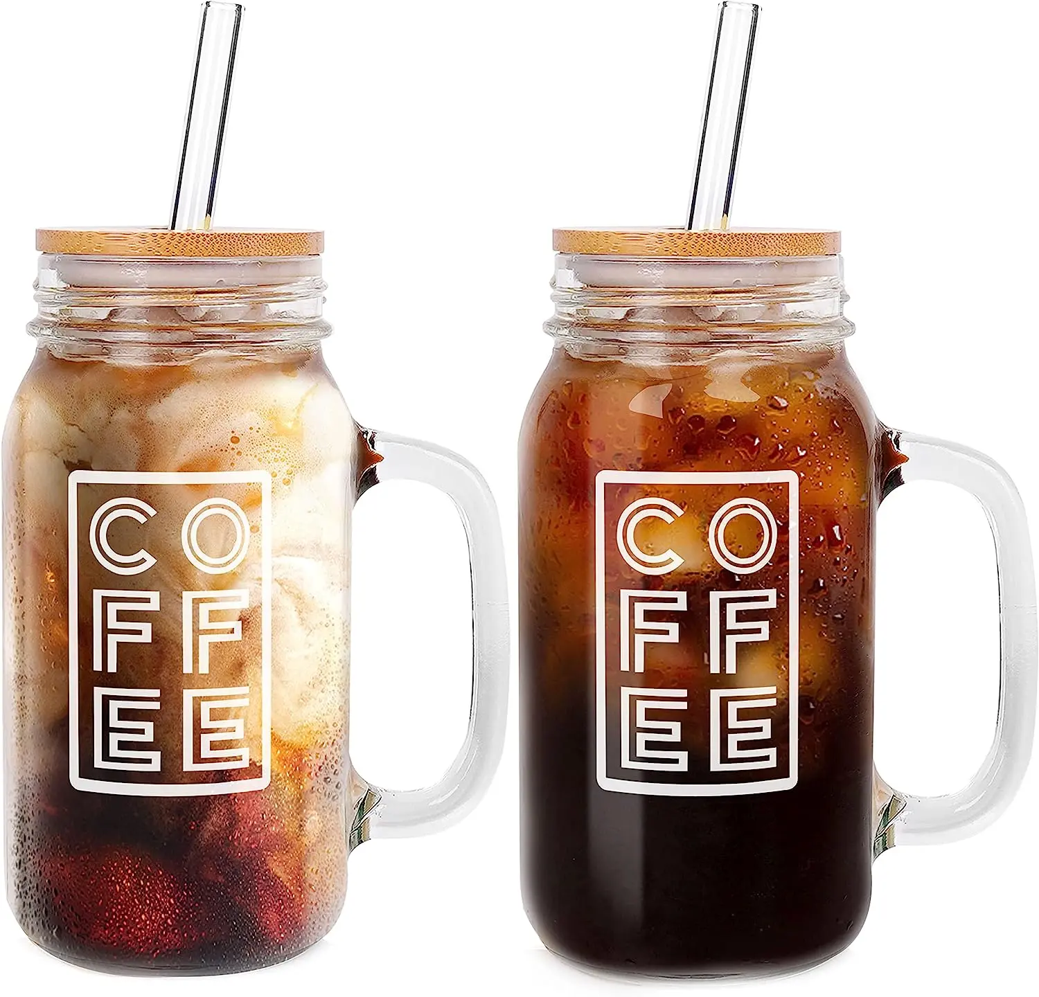 24oz Mason jars with lids and straws,Gifts for Women,Reusable Tumbler Water Bottles for Iced Coffee,Set of 2,Drinkware Bamboo Stylish