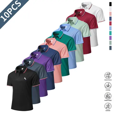 Men's 10-Pack Classic Button-Front Fitted Solid Color Short-Sleeve Polo Shirts, Breathable Fabric Summer Tops, Business Casual Wear for Golf & Tennis, Classic Polo Shirts