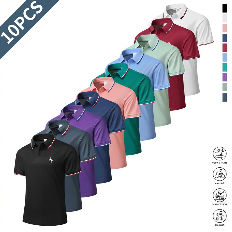 Men's 10-Pack Classic Button-Front Fitted Solid Color Short-Sleeve Polo Shirts, Breathable Fabric Summer Tops, Business Casual Wear for Golf & Tennis, Classic Polo Shirts