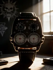 Men's Multifunctional Gift Watch, Dual Time Zone Four Dial Design, Compass & Thermometer, Steel Case, Leather Strap, Birthday Present