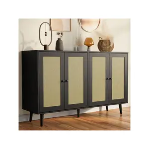 Rattan Buffet Cabinet With Storage, Accent Sideboard Cabinet With 4 Rattan Doors, Storage Cabinet For Living Room, Kitchen, 15.7" D X 53.03" W X 32.83"
