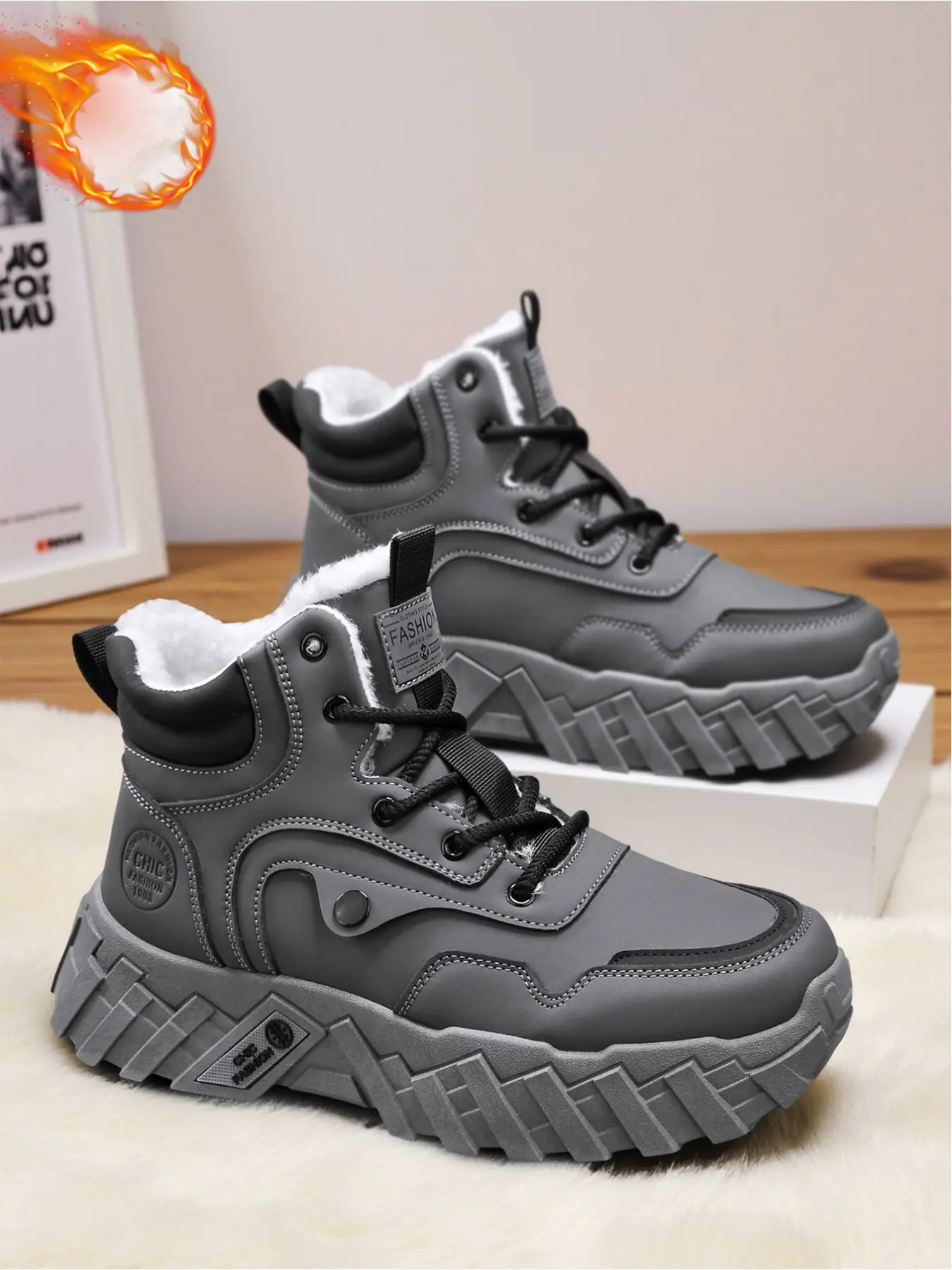 Cozy Fleece Lined Men's Tan High-Top Winter Boots Non-Slip Workwear Breathable Daily Outdoor Footwear