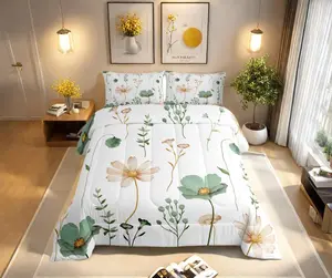 Feelyou Watercolor Floral Comforter Set - Sage Green & Beige Flower Decorative Microfiber Soft Bedding, Modern Minimalist White Down-Filled Pastoral Branches Aesthetic Quilt, Decorative Bedding Set, Microfiber Bedding Set