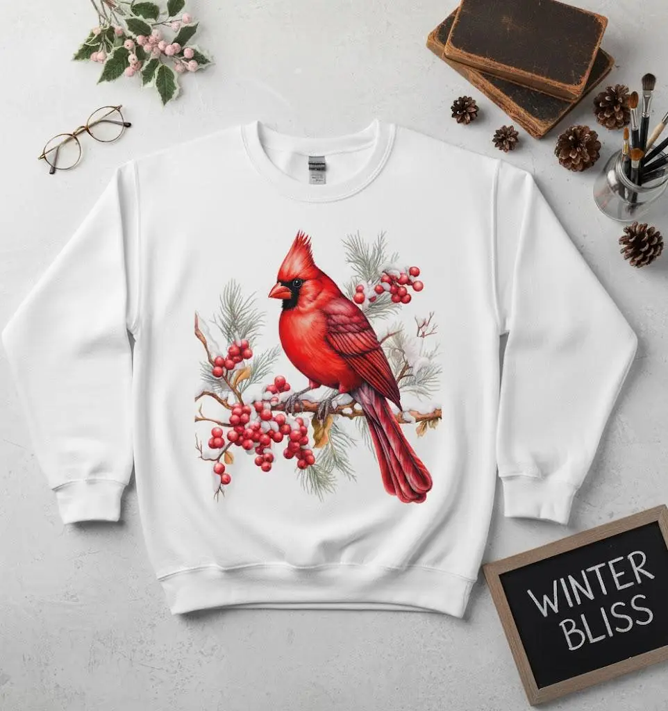 Red Cardinal Bird Sweatshirt – Beautiful Winter Pullover with Holiday Berries Design, Cozy Unisex Crewneck for Nature Lovers and Festive Seasonal Outfits | Sweatshirt | Cotton | Novelty | Unisex | Graphic | Gift for Him/Her