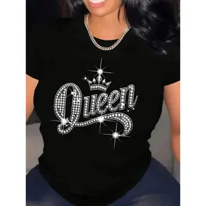Queen Crown Graphic Print T-Shirt, Casual Summer Women'S Short Sleeve Round Neck Tee, Black with Sparkling White Lettering, Lightweight & Comfortable for Casual Attire, Queen Crown
