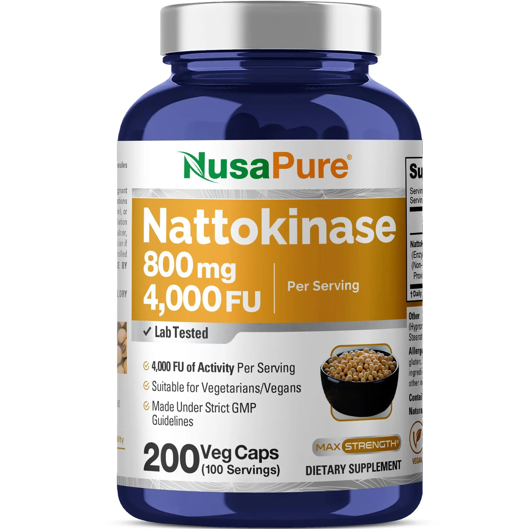 NusaPure Nattokinase Edible Daily Nutrition Supplement - 4000 FU, 800mg, 200 Veggie Capsules, Vegan, Non-GMO, GMP-Certified, Soybean-Based for Body Health & Blood Pressure Support
