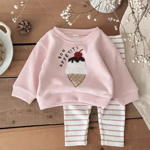 Spring/Autumn Toddler Outfit Ice Cream Applique Pink Sweatshirt + Striped Versatile Pants Sweet Baby Two-Piece Set