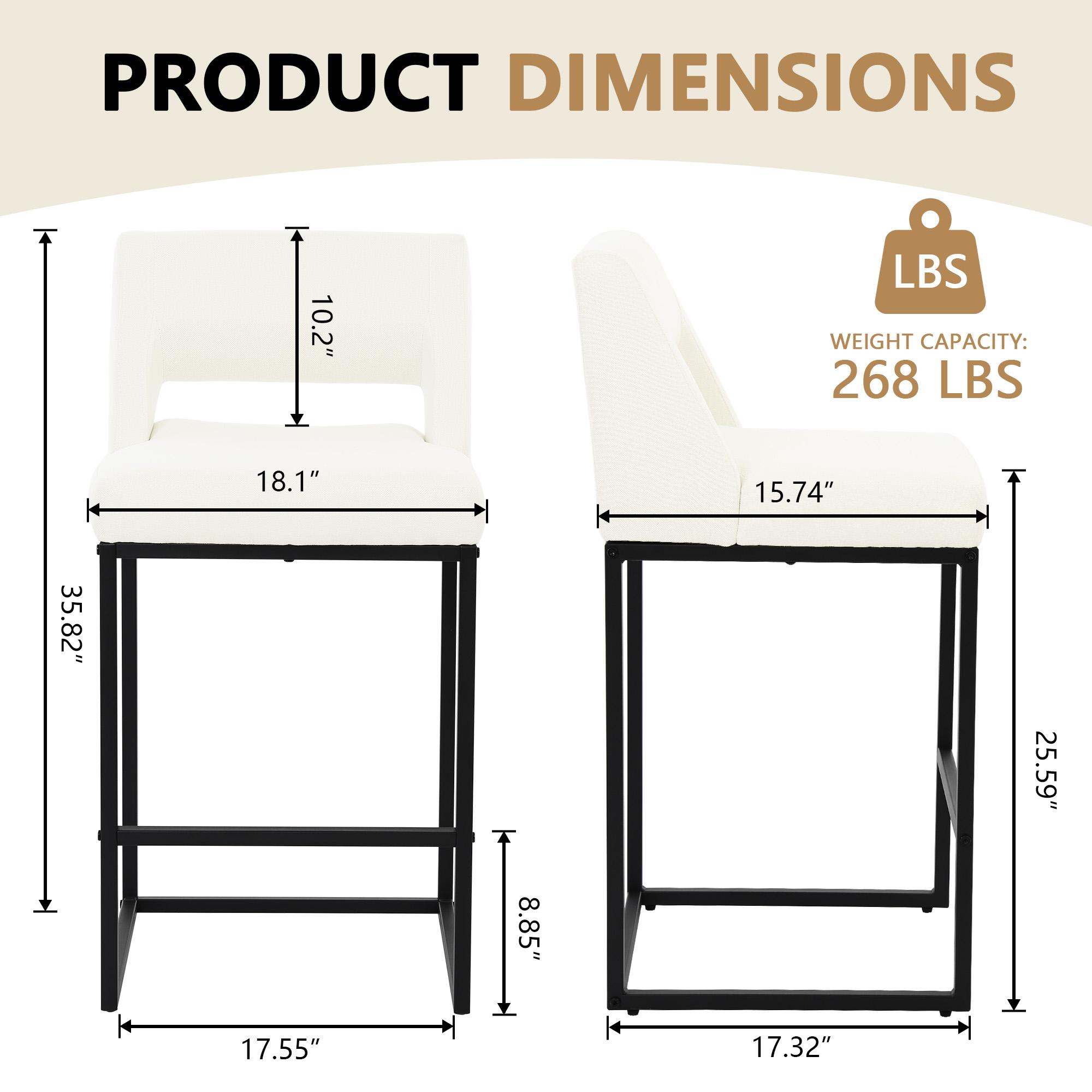 Upholstered Counter Height Stools Set of 2/3/4 Linen Bar Stools with Metal Legs and Open Back for Modern Kitchen Decor