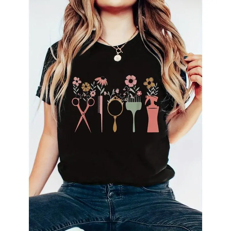 100% Cotton Hair Stylist Hairdresser Floral Salon Hairstylist Men Women T-Shirt, Women Graphic T Shirts -  Printed Short Sleeve T-Shirt Top graphic t-shirts