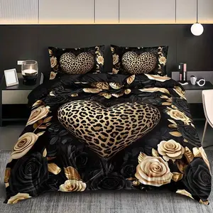 Leopard print heart-shaped flower Decorative Bedding Set of 3 pieces, suitable for bedrooms and guest rooms, including 2 pillowcases and 1 duvet cover (unfilled) made of polyester material, suitable for all seasons, preferred for Valentine's Day