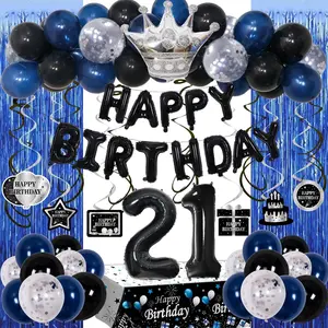 21St Birthday Decorations For Him, Blue Black Happy 21St Birthday Decorations For Men Women 21 Year Old Birthday Balloons Banner, Tablecloth, Fringe Curtains Hanging Swirls 21 Bday Party Decor For Her