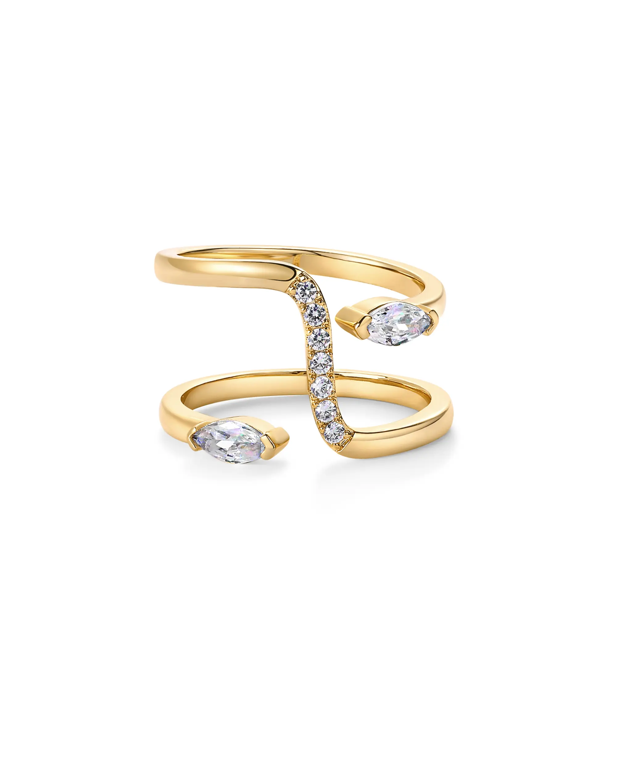 PAVOI 14K Gold Plated Cubic Zirconia Bypass Open Band Stackable Ring for Women - CZ Statement Eternity Rings |