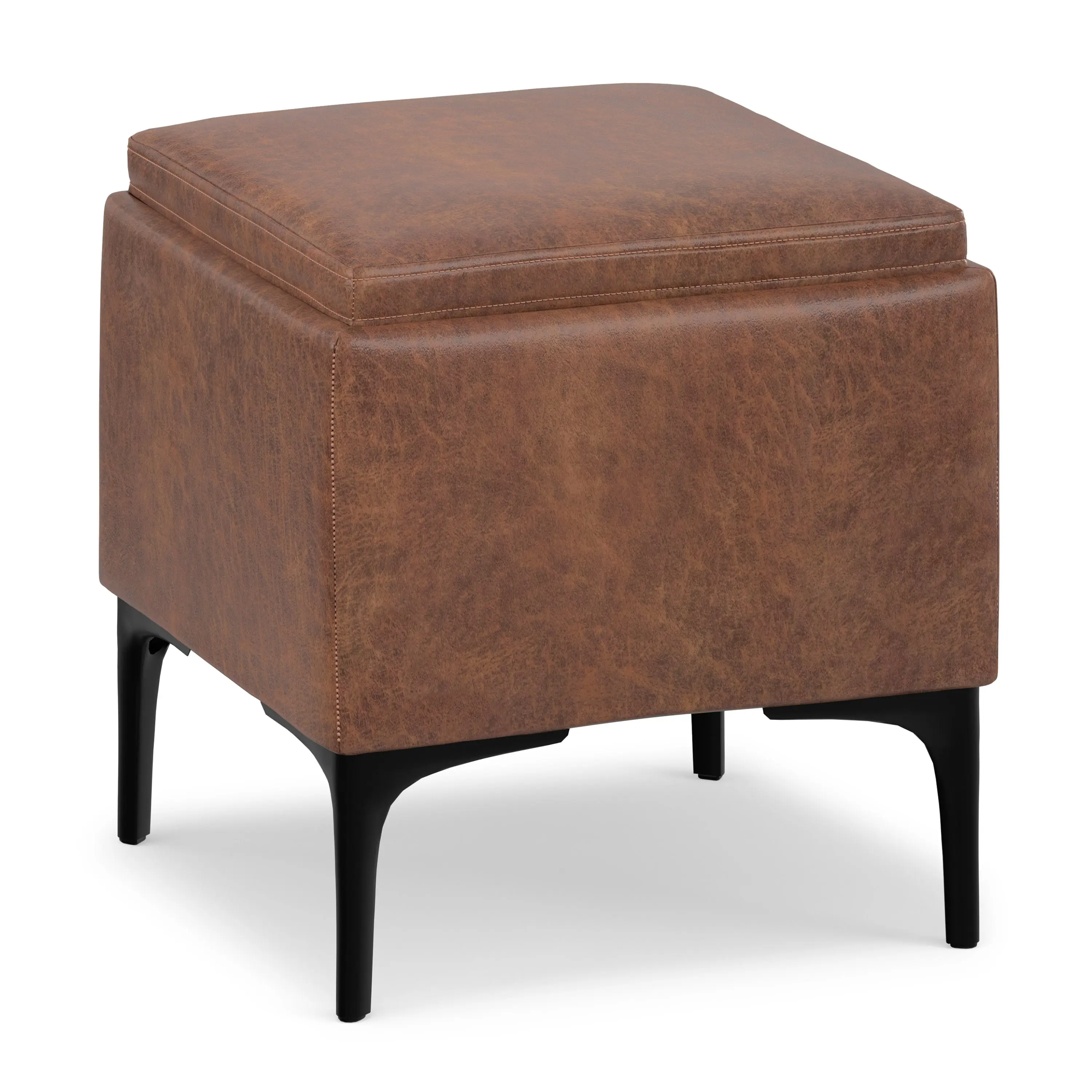 Natasha Square Small Mid-Century Portable Stool - Distressed Faux Leather Storage Ottoman with Foam Cushion, Flat Top Serving Tray, Coasters for Game Use