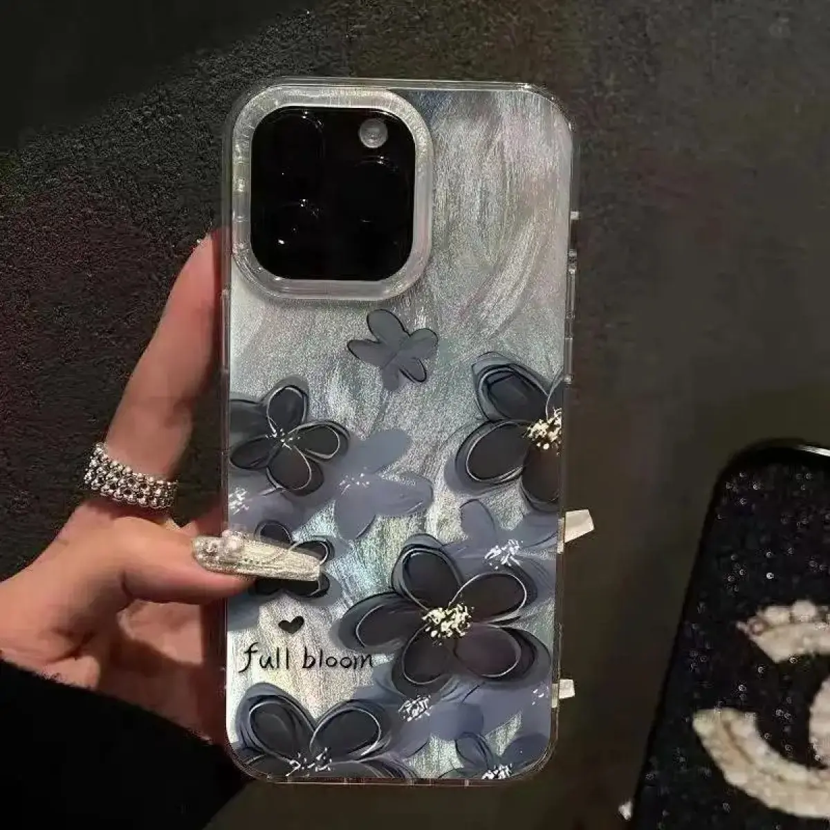 Elegant Black Floral Phone Case for iPhone 17/16/15/14/13/12/11 Pro Max/Pro/Plus/Air TPU+PET Anti-Fingerprint Shockproof Protective Casing Cover with Unique Design