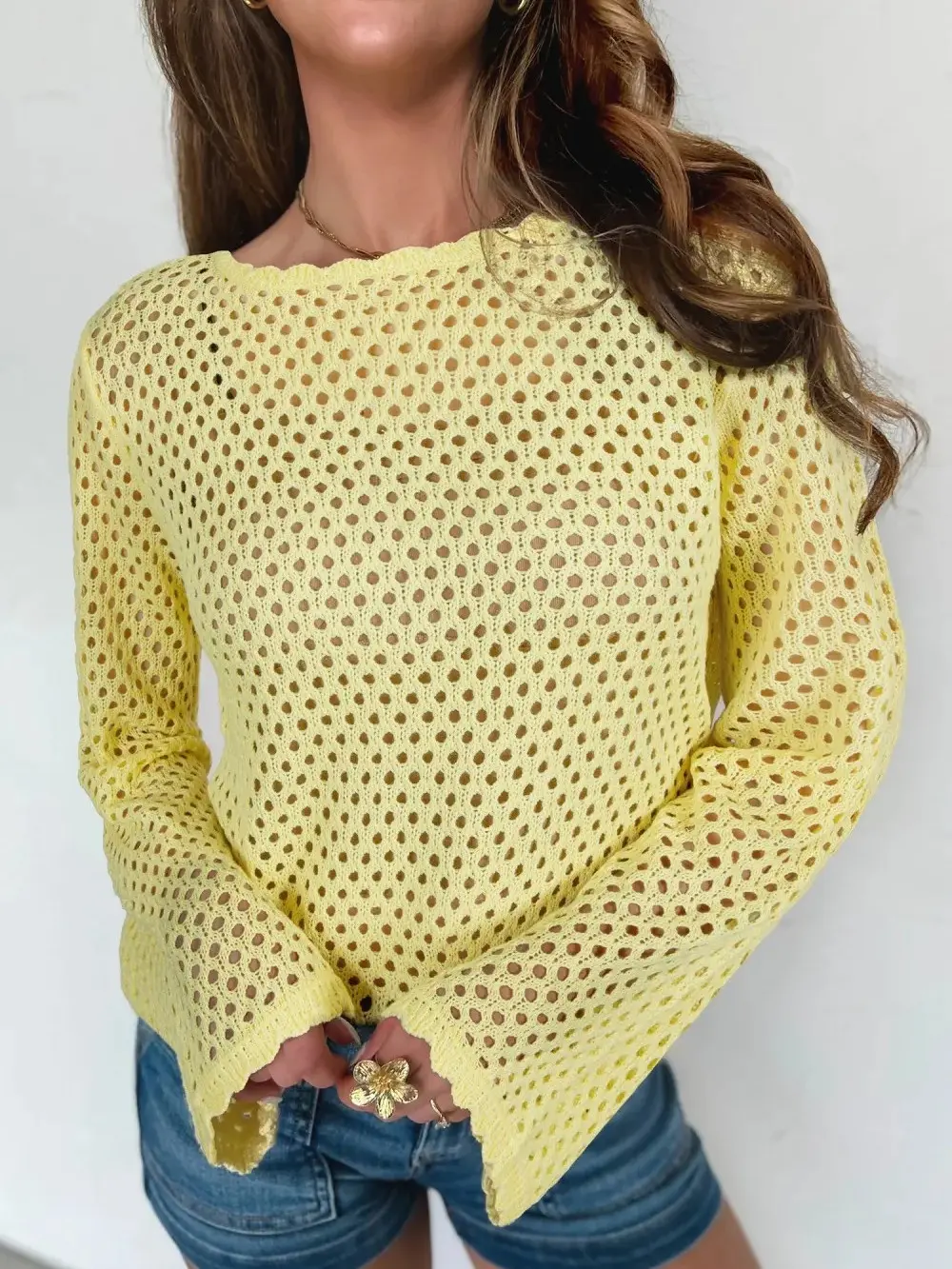 Women's Yellow Open Knit Crochet Sweater Long Sleeve Scalloped Hem Man's Pullover Top