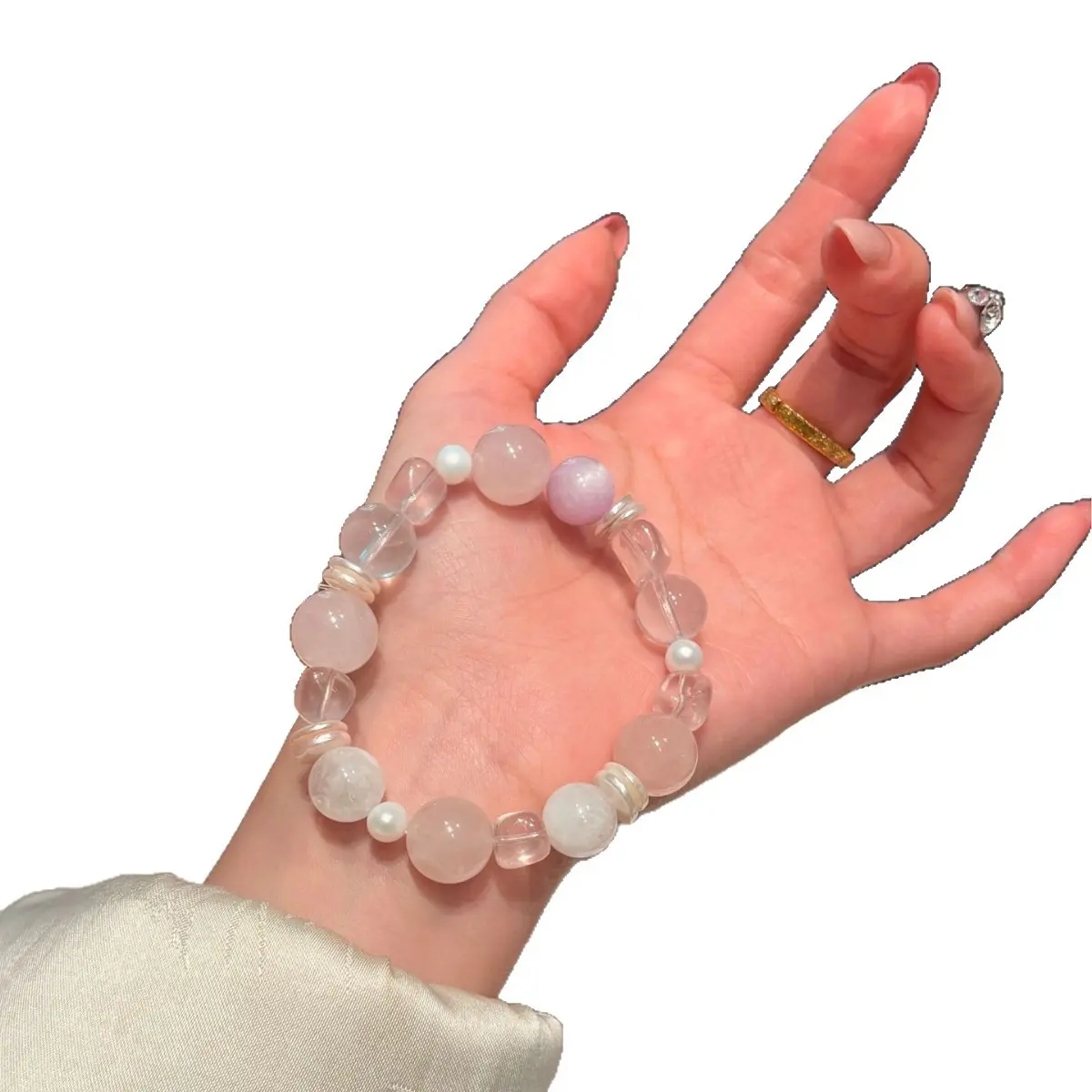 Rose Quartz and Kunzite Bracelet for Female Adults, Handmade Dainty Beaded Stretch Jewelry for Everyday Wear and Stacking, Round, Silky Texture, Layered Beads, Stretch Fit, Shell Spacers, Natural Crystals, Silky Touch, Layered Textures, Easy On/Off, Exqui