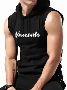 Men's Sporty Hooded Vest, Casual Sleeveless Summer Top, Daily Wear Graphic Jacket, Regular Fit Training Clothing, Gymwear, Fitness Workout Vest