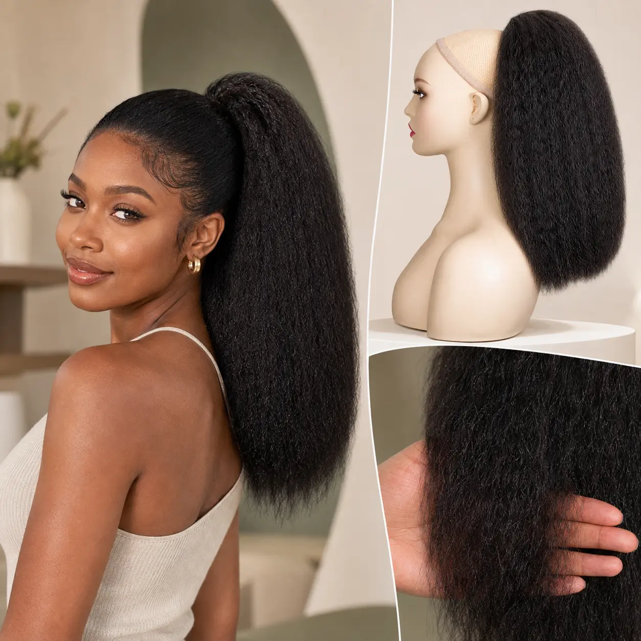 Kinky Straight Drawstring Ponytail for Black Women 16 Inch Yaki Extension | Natural Kinky Straight texture,realistic look, fluffy full,easy install,lightweight comfortable daily wear