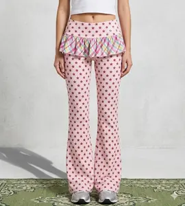 Plaid Ruffle Skirted Micro-Flare Trousers with Red Star Print | High-Waisted Y2K Aesthetic Split-Hem Pants | Summer Slim Fit 2-in-1 Bottoms