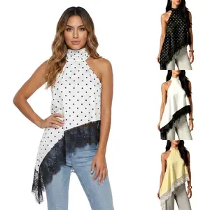 FEITAI Women's Satin Halter Top - Womenswear, Asymmetrical Hem with Lace Trim, Elegant Sleeveless Blouse for Daily Wear Evening Overall Smooth Style