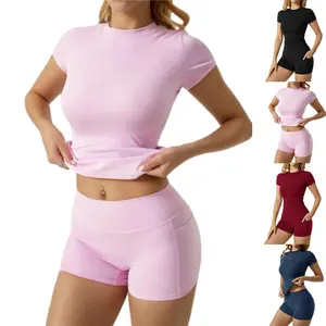 Women's 2-Piece Gym Set Tummy Control Top & Fast-Drying Shorts with Side Pockets Machine Washable 83% Nylon 17% Spandex