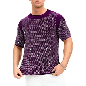 ShawGobow Rhinestone Shirt Men,Sparkly Short Sleeve Disco Top Size 38-44,Glitter Concert Festival Rave Party Outfit