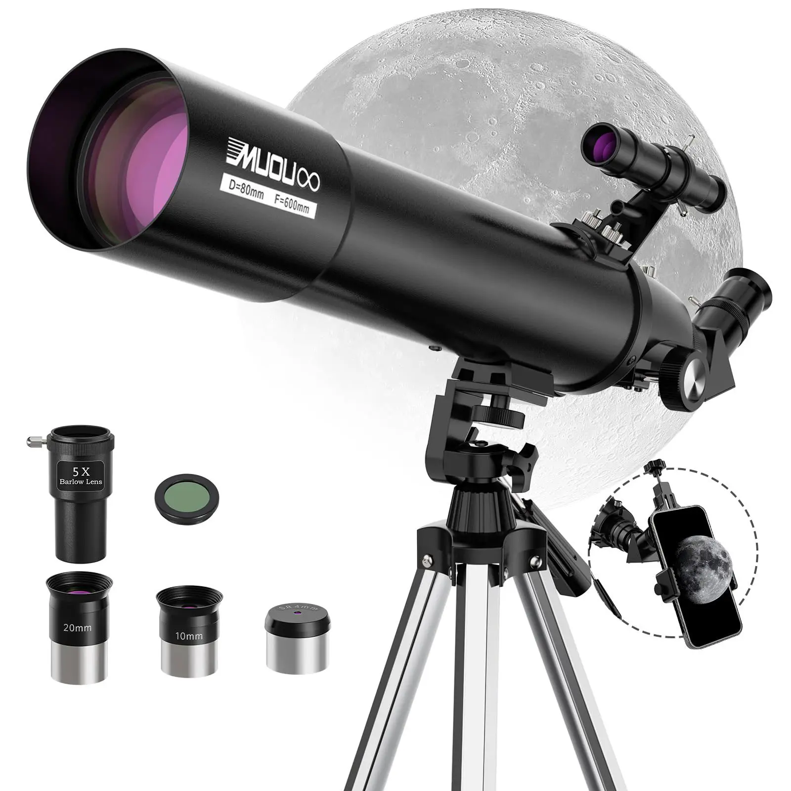 80600 Powerful Telescope for Adults & Kids, 80mm High Definition Refractor Scope with a Sturdy Metal Telescopic Tripod to Watch the Moon, Moon Viewing