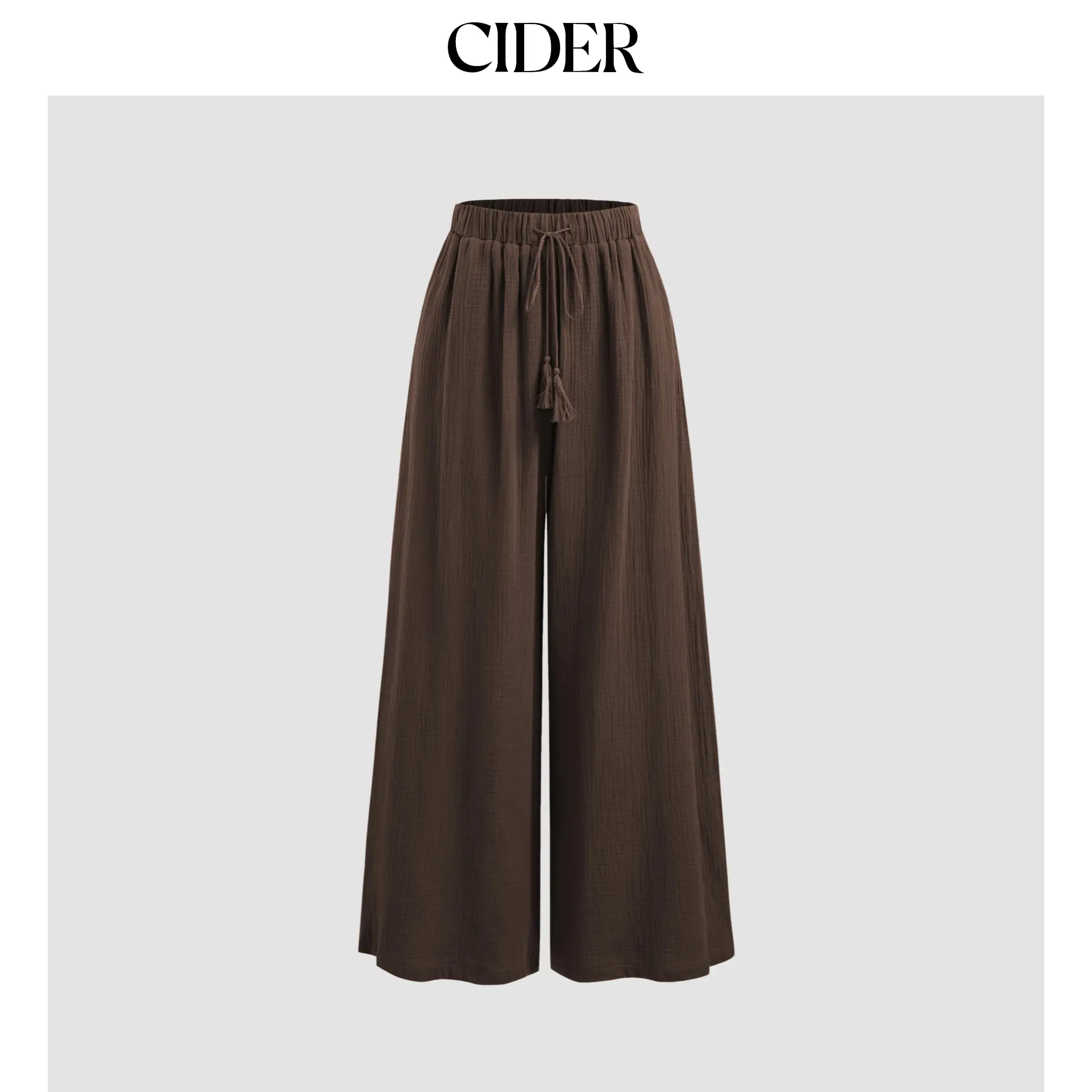 Cider Mid Rise Stretchy Wide Leg Trousers with Pocket, Lightweight Elastic Waist Work Pants, Daily Office Casual Trousers, Solid Color Comfort Waist Bottoms