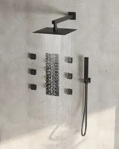 Thermostatic Shower System Rain Shower Head 4 Way Valve Faucet w/ 6 Body Jets, Matte Black, 12 Inch | Six 360°Adjustable Body Jets & Flexible Handheld Shower