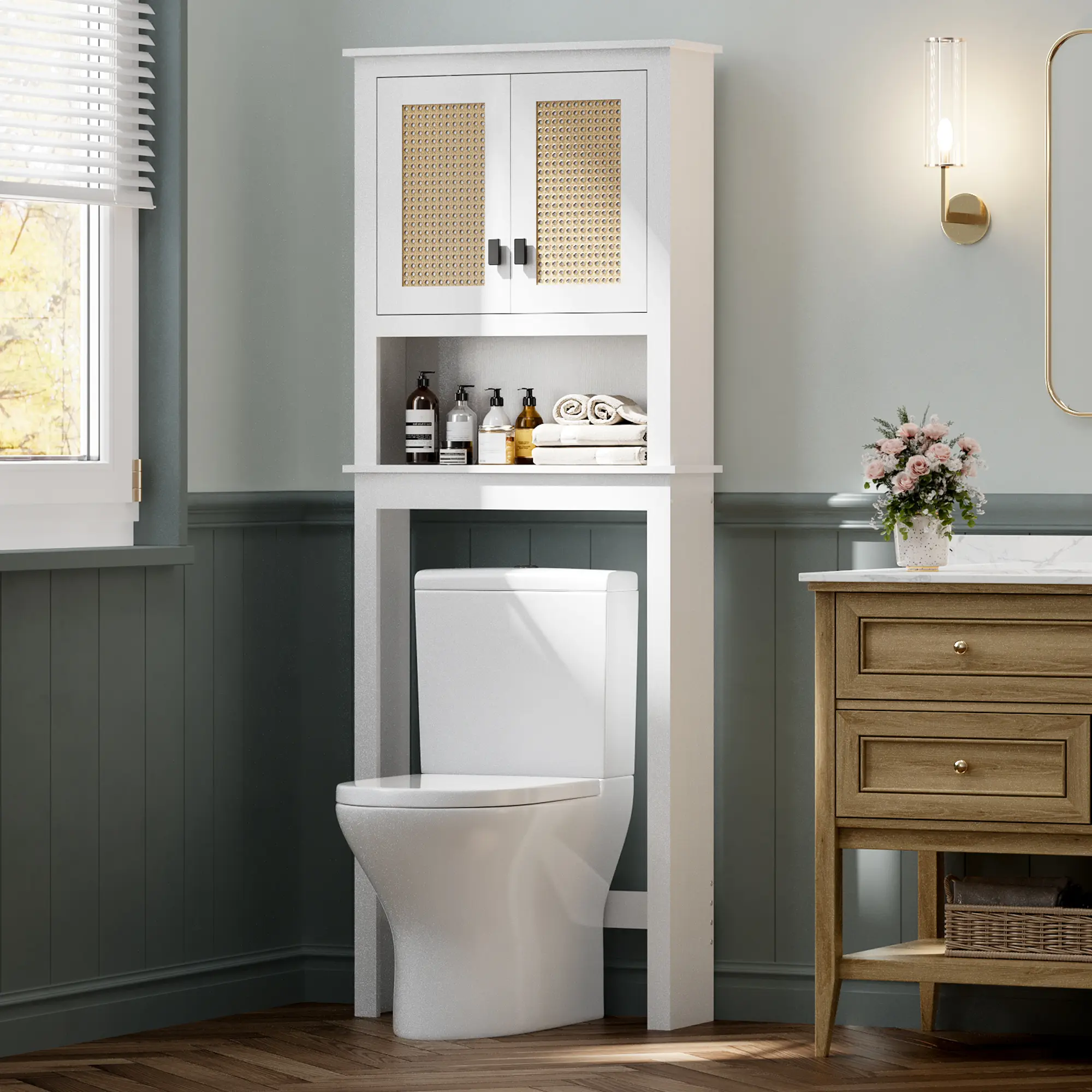 63''H Farmhouse Over the Toilet Storage Cabinet, Space-Saving Bathroom Organizer with Boho Rattan Doors & Adjustable Shelves, Freestanding Wood Toilet Rack for Small Bathroom & Laundry