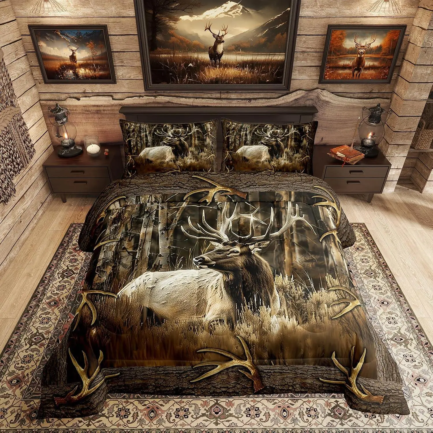 Feelyou Queen/King Size Microfibre Comforter Set - Quilt Set Bedspread with Rustic Farmhouse Woodland Animals, Deer, Elk, Moose Antlers, Antler Quilt Art for Cabin Lodge Western Home Decor Duvet Insert