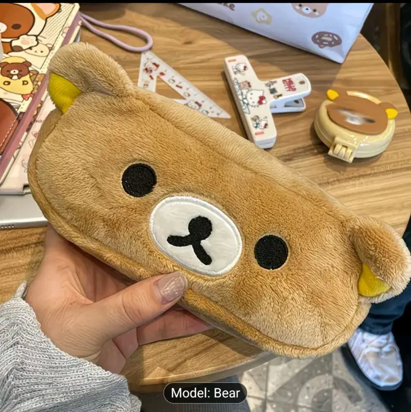 Kawaii Rilak Bear Plush Pencil Bag Makeup Organizer | Storage Bag Cartoon Bear Plush Multi Case Kawaii Cosmetic Bags Vanity Beauty Case | Back to School Stationary