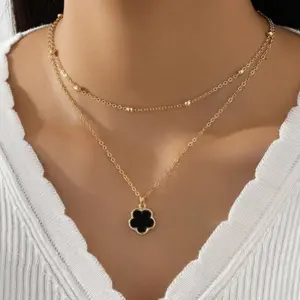 Women's Multilayer Necklace with Lucky Sweet Clover Pendant - Classic Style