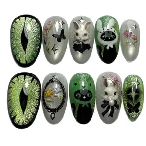 Dark Fairy Tale Almond Nail Art Snake Eye Cat Eye Rabbit Cat Decoration Removable Press-On Nails for Women Girls