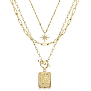PeregrinaX Layered Initial Necklaces for Women Trendy, 14K Gold Plated Brass Simple Star Choker Square Letter Pendant Necklace, Paperclip Chain Necklaces Jewelry Gifts