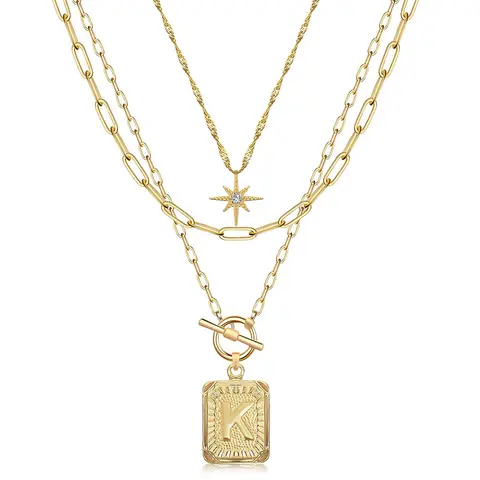 PeregrinaX Women's Layered Initial Necklaces - 14 karat Gold Plated Brass, Simple Star Choker, Square Letter Pendant, Paperclip Chain, Jewelry for Women, Non Tarnish Jewelry, Gold Colored Necklaces, Gift Option