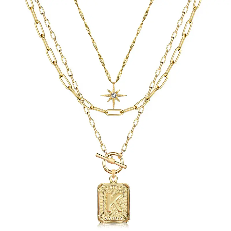 PeregrinaX Women's Layered Initial Necklaces - 14 karat Gold Plated Brass, Simple Star Choker, Square Letter Pendant, Paperclip Chain, Jewelry for Women, Non Tarnish Jewelry, Gold Colored Necklaces, Gift Option