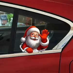 Santa Claus Waving Sticker, 3D Self-Adhesive Decoration, PVC Car Window Vinyl, Glass Metal Surface, Holiday Decor, Anime Style, Removable, Car Decals