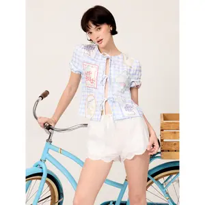 Cider Linen-blend Gingham Fruit Graphic Tie Front Puff Sleeve Oversized Blouse