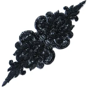 DIY Luxury Beaded Embroidery lace Appliques for Wedding Dresses Rhinestone lace Applique Patches Embroidery lace parches ropa (11 * 31cm) (Black)