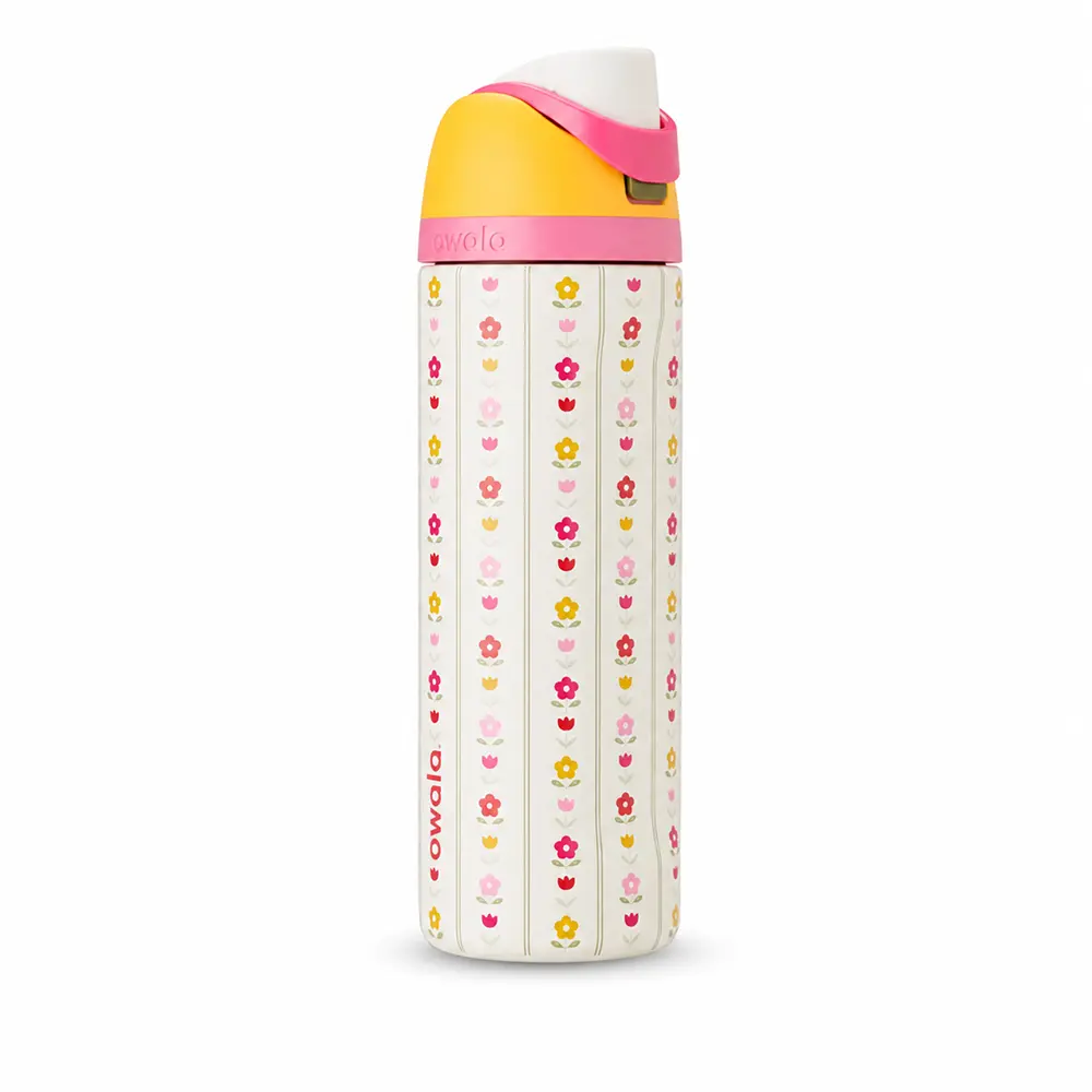 Owala FreeSip Retro Floral Stripe Stainless Steel Water Bottle – Cream Pink & Yellow Flower Print Insulated Bottle with Built-In Straw & Leakproof Lid