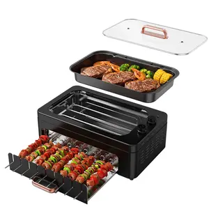 1500W Smokeless Indoor Electric Grill, Portable 3-in-1 BBQ with 360° Auto-Rotating Hot Dog Roller & Kabob Skewers, Dual-Zone Griddle & Grill, Precise Temp Control, Dishwasher Safe Non-Stick, Gift for Home Party & Camping