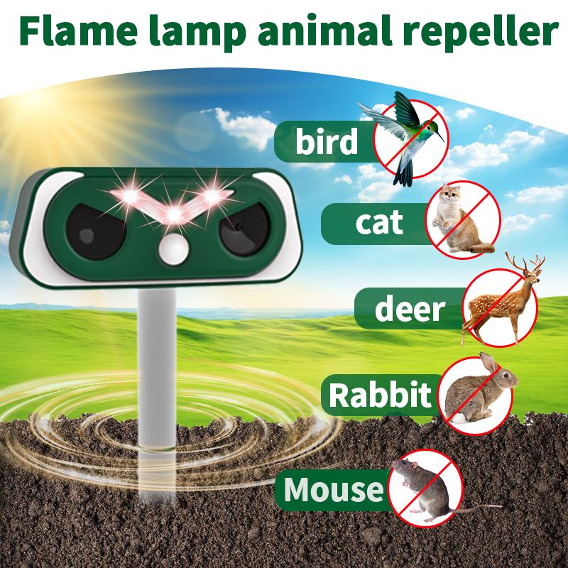 Solar Ultrasonic Flame Lamp Animal Repeller - Home Essentials, 3-9M PIR Motion Sensor, IP66 Waterproof Outdoor Pest Control Stake for Yard, Garden, Repels Squirrels, Deer, Birds, Rats, Weasels, Mosquitoes