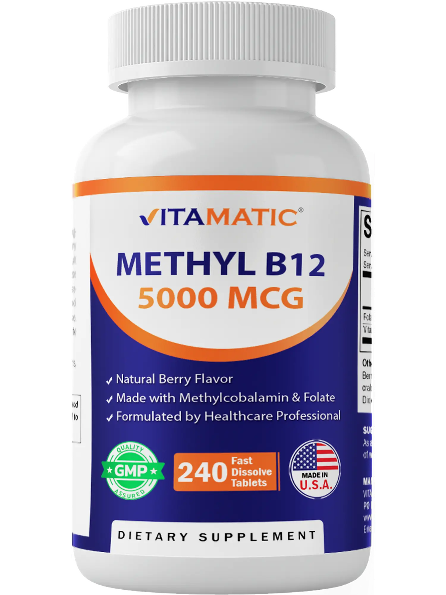 Vitamatic Organic Methyl B12 Vitamin 5000 mcg Fast-Dissolve Edible Tablets - Sugar Free, Natural Berry Strawberry Flavor, 240 ct, Methylcobalamin & Folic Acid, Energy Boost, Nervous System Support, Youth Support, Dietary Supplement