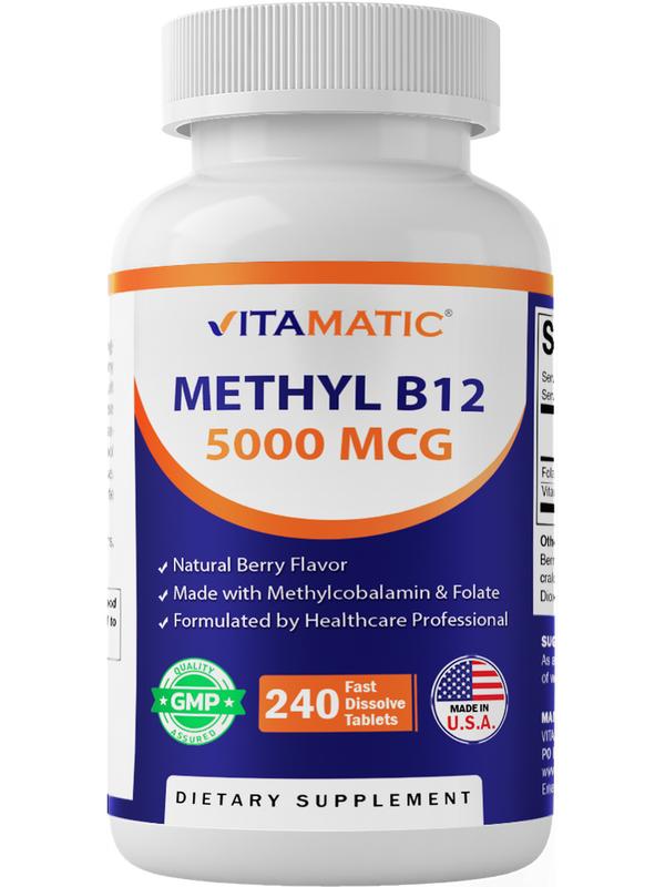 Vitamatic Methyl B12 5000 mcg - Natural Berry Flavor - 240 Fast Dissolve Tablets - Methylcobalamin & Folic Acid for Energy & Nervous System Support - Healthcare Vitamin Supplement - Dietary