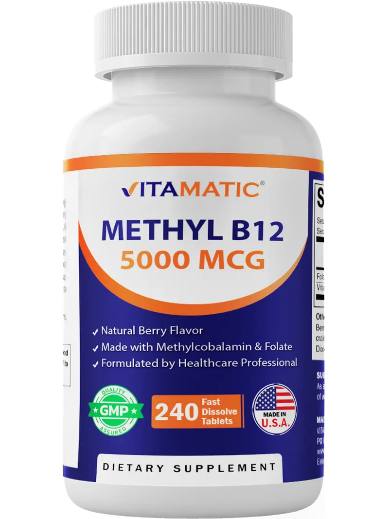 Vitamatic Methyl B12 5000 mcg - Natural Berry Flavor - 240 Fast Dissolve Tablets - Methylcobalamin & Folic Acid for Energy & Nervous System Support - Healthcare Vitamin Supplement - Dietary