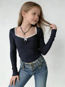 Elegant Girls' Lace Trim Long Sleeve Top, Square Neck Pleated Bow Blouse, Casual Daily Wear, Inner Layer Option