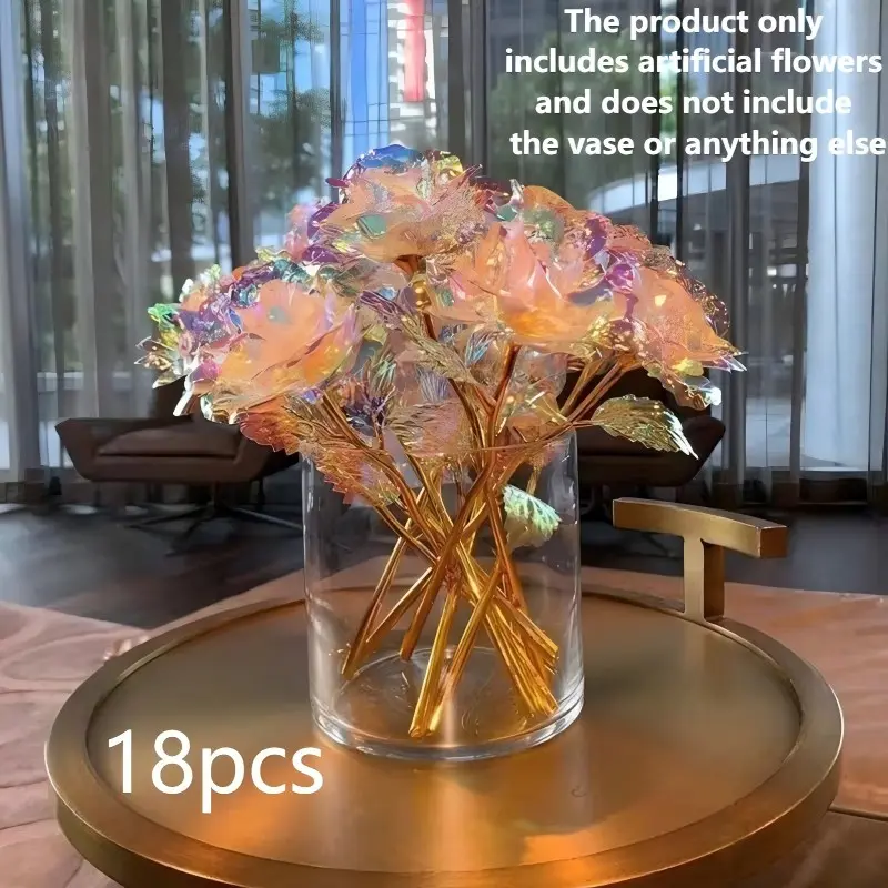 18Pcs Galaxy Rose Forever Flowers, Colorful Gold Foil Dipped Roses, Romantic Creative Gift for Valentine's Day & Birthday, Shiny Rainbow Floral Bouquet, Artificial Roses, Decorative Artificial Flower, Floral Decoration