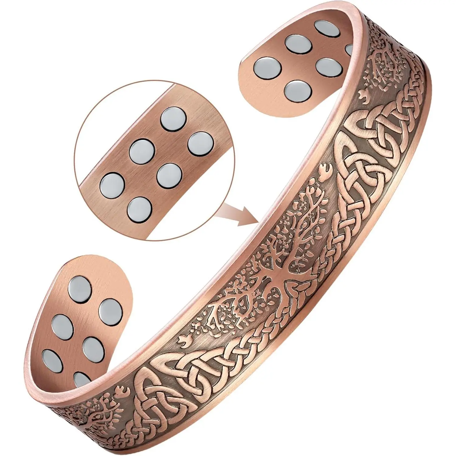Pure Copper Cuff Bracelet with Tree of Life Pattern for Men Women, Adjustable Magnetic Health Jewelry with 3500 Gauss Healing Magnets