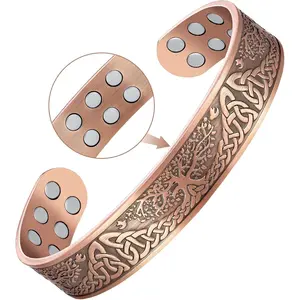 Pure solid Copper Bracelet for Men Women, Ultra Strength Magnetic Cuff Bangle with 3500 Gauss Neodymium Magnets, 99.99% therapy bracelet Life Tree Jewelry, Adjustable accessories